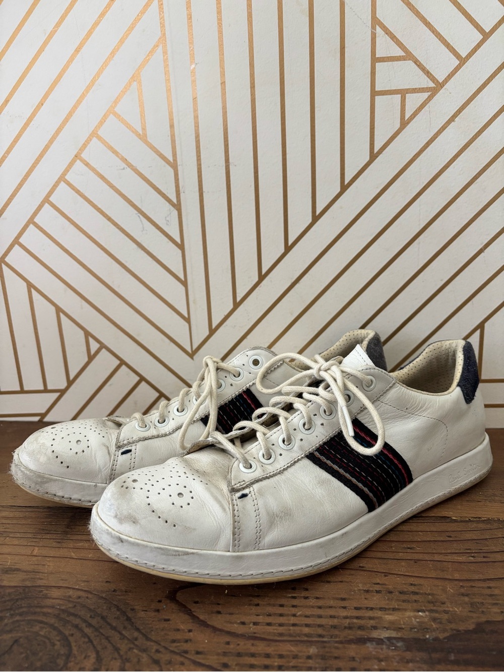 Paul Smith White Leather Sneakers with Black and Red Stripe